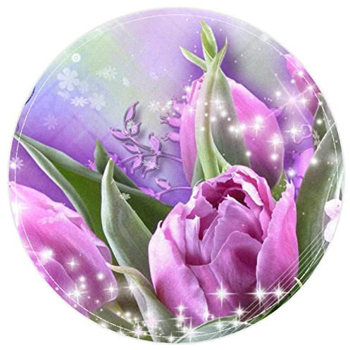Runder Teppich für Teenagerzimmer, weicher Kreis, Kinderzimmerteppich für Schlafzimmer, Wohnzimmer, Heimdekoration,Lila Tulpen Schmetterlings Frühlings Kunst