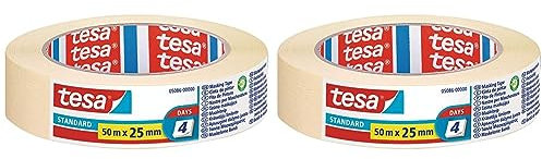 Tesa Nastro per Mascheratura Standard - Nastro in Carta per Mascheratura, Rimozione senza Residui per 2 Giorni, senza Solventi, 50 m x 25 mm (Confezione da 2)