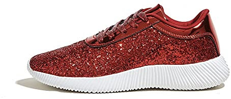 LUCKY STEP Women's Glitter Shoes Sparkly Lightweight Metallic Sequins Tennis Sneakers (Red, 8US-38EU-5UK)