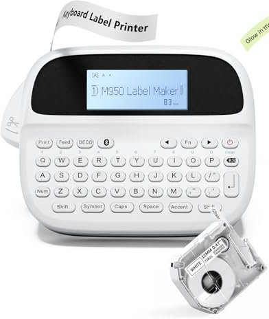 Phomemo Etikettiergerät, M950 Beschriftungsgerät Handgerät, Tragbarer Etikettendrucker mit Tastatur Etikettiergerät Bluetooth with Etikettenband 12mm für Zuhause Büro Mini Label Printer