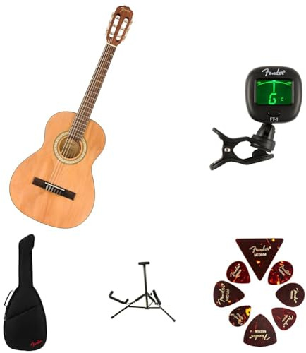 Fender FA-25N 3/4 size Nylon String Acoustic Guitar Kit for Beginners, includes Tuner, Picks, Guitar Stand and Padded Gig Bag