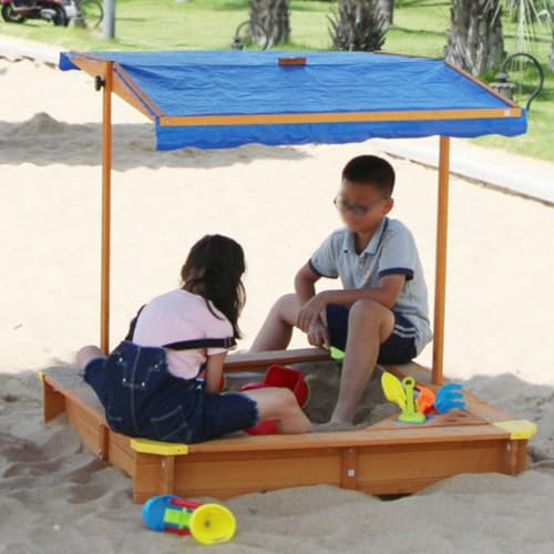 KGXUELING Arenero con Tapa y Cubierta, Arenero de Madera con Techo Ajustable, Techo Elevable hacia Arriba y hacia Abajo, Arenero para Jugar En El Patio Trasero