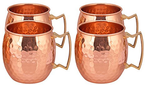 Aakrati Tazas de cobre (juego de 4) | Calidad premium | 475 ml | Mule de cobre macizo de Moscú, acabado martillado, brillo extra | Producto 100% genuino | WONTED