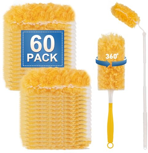Heavy Duty Duster Refills, Disposable Dusters Kit for Cleaning Dusting Furniture Blind Ceiling Fan, Multi Surface 360 Feather Duster(60)+3FT Extended Handle +1 Handle