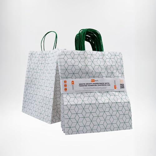 Bicapack - 25 Bolsas de Papel Kraft Blanco con Asas Torcidas (24x10x30 cm) | Diseños Geométricos en Naranja, Rojo o Verde | Papel 100% Reciclado de Alta Resistencia (80 g/m²) (Verde)