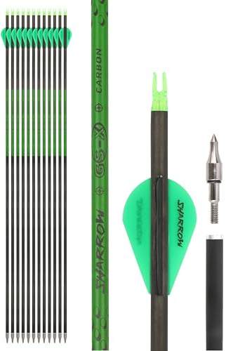 surwolf 32,5 Flecha de Carbono Puro para Tiro con Arco,Flechas de Caza,Spine 300/400/500/600/700/800 con Puntas extraíbles,para Arco Compuesto,recurvo y Largo,12pcs (Verde, 600)