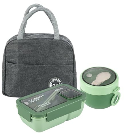 JF HOME BLISS Bento Box for Adults Lunch Box Set with Insulated Lunch Bag Utensils Leakproof Oats Container Meal Prep Containers for Work School Office Picnic Travel (Green)