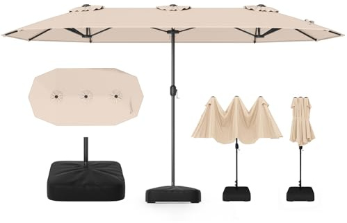 RELAX4LIFE Grand Parasol de Jardin Exterieur avec Pied, 4x2M Parasol Double pour Terrasse/Piscine/Marché, 12 Baleines Renforcées, Manivelle, Protection Solaire pour 6-8 Personnes (Beige)