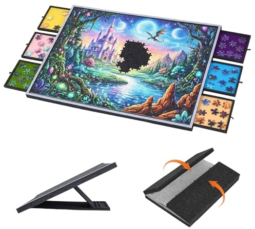 MINENICE Plateau de Rangement pour Puzzles avec 6 tiroirs – Plateau en Feutre inclinable pour Puzzles jusqu'à 2000 pièces – Table de Puzzle 2 en 1 avec Support et Housse,5 Angles réglables