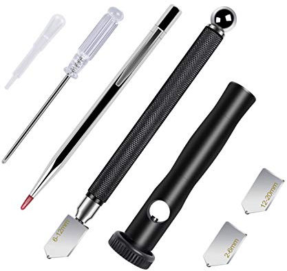 Kalawen Cortador de Vidrio de 2-20 mm Cizallas Cortavidrios con Mango Ergonómico Cortador Diamante con 3 Cabezales de Corte de Vidrio Cuentagotas y Destornillador para Corta Vidrio