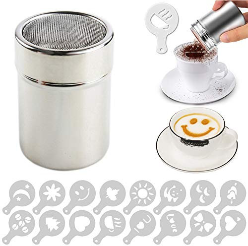 Stampo per Torta e Modello per Decorazione,Spolverino per Cacao+16 Stampini per Cappuccino per Caffè Stampi Decorazioni Spargicacao Setaccio Zucchero Utensili Decorativi per Dolci Caffè