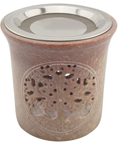 Räucherstövchen aus indischem Speckstein – Lebensbaum-Design, Mit Edelstahlsieb & Metallscheibe – Handgefertigtes Unikat, Höhe 10 cm