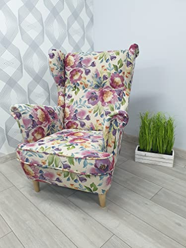 Poltrona tappezzata, poltrona con orecchie, poltrona per il salotto, poltrona Relax, TV, poltrona comoda per il salotto, poltrona scandinava, camera da letto (Fiori bianchi, senza poggiapiedi)