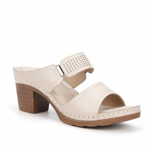 Womens Block Heel Sandals Fashion Open Toe Buckle Strap Platform Ladies Chunky Heeled Mule Sandal 7cm Size 3.5-9 UK (5,Beige)
