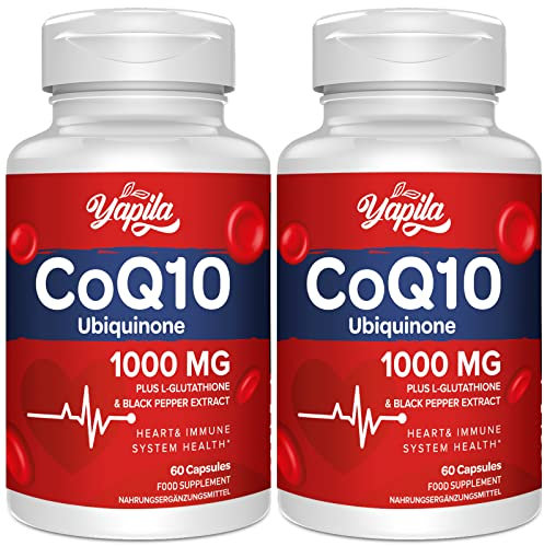 CoQ10 mit L-Glutathion 1000mg Kapseln (2 Packung)- 100% fermentiertes Coenzym Q10, Coenzym Q10 Hochdosiert, Sojafrei, Glutenfrei, Nicht-GMO, Vegan
