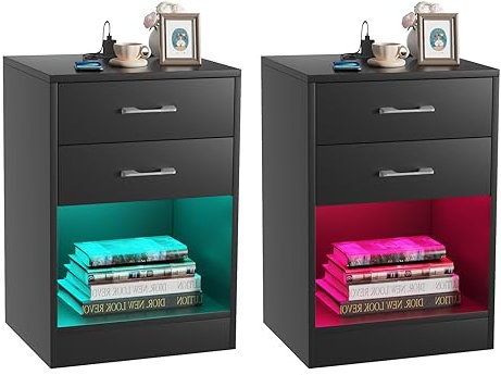 Lvhecforhm 2er Set Nachttisch Schwarz, Nachttische mit Offenen Fächern Hochglanz Front, Nachttische mit 2Schubladen, Nachttisch Licht Einstellbare Farben, Modern Nachttisch 40x35x60cm für Schlafzimmer