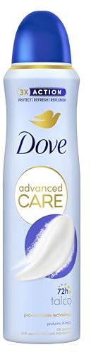 Dove Deodorante Spray Advanced Care Talco, con Formula Idratante e Delicata sulla Pelle, Senza Alcol, Pelle Asciutta Fino a 72 Ore, Deodorante Uomo e Donna, 6 Pezzi da 150ml