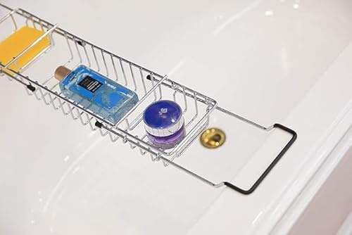Extendable Bath Tub Rack Bridge Storage Tray Caddy - Chrome Plated, Rust Resistant, Non-Slip Rubber Handles