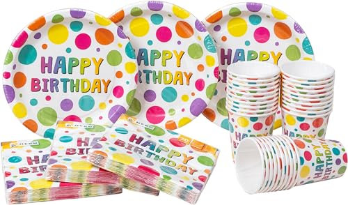 HEKU Set usa e getta per feste, 120 pezzi, con motivo a pois di compleanno, con piatto di carta, bicchieri da 0,25 l, tovaglioli (33 x 33 cm), ideale per feste, barbecue e compleanni