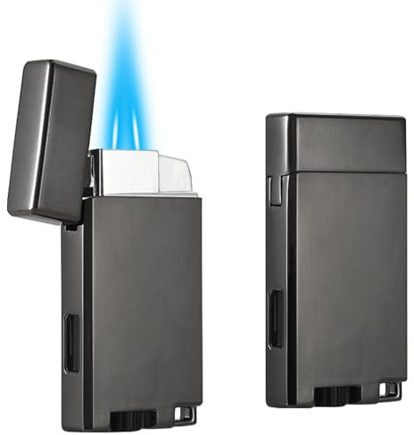 Bbsisgo 2 Pack Double Jet Flame Lighter, Adjustable and Refillable Gas Lighter with Keyhole, Windproof Pocket Butane Torch, Sold without Fuel (Grey)