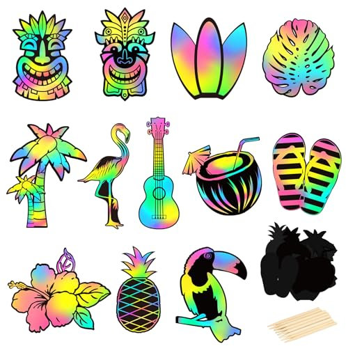 MONCAP 48 Stück Hawaii Kratzbilder Flamingo Bastelset Kinder Sommer Basteln Kratzpapier Tropical Party Deko für Sommer Tiki Dschungel Hawaii Party Flanmingosparty Luau Party Kindergeburtstag Geschenk
