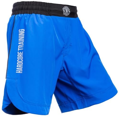 Hardcore Training Athletic Men's Shorts Pantaloncini Uomo Allenamento Kickboxing MMA Boxe BJJ Muay Thai con Tasche (IT, Testo, L, Regular, Regular, Blue/Blue)