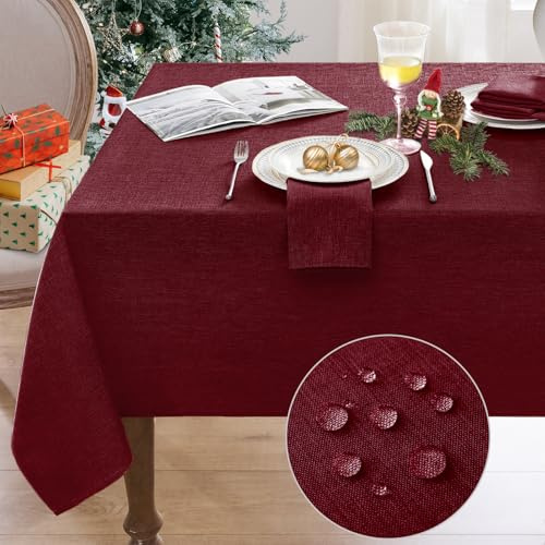 Softalker Bordsduk till jul, 140 x 100 cm, tvättbar, röd, rektangulär, av 210 GSM, med linneutseende, avtorkningsbar, vattenavvisande, liten trädgårdsduk för utomhus, nyår och bröllop