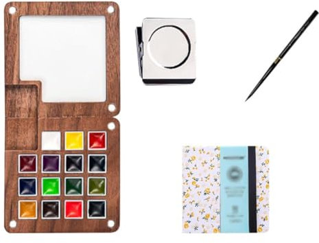 Reise-Farbpalette, tragbares Mini-Aquarell-Paletten-Set, Holzgitter, Aquarellpapier, Aquarellfarbkasten, Mini
