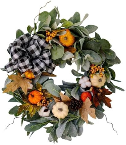 Corona artificial de espuma de 45/50 cm, conos de pino falso, hojas de arce, corona para decoración de guirnalda de otoño (M-45 cm)