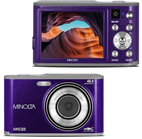 Minolta 48MP Digital Camera with Rear Selfie Lens – 4K Ultra HD Video, 2.8 LCD Screen, 16X Digital Zoom, Autofocus, Slow Motion, Time Lapse, Filters, Scene Modes, 32GB Card Included (Purple)