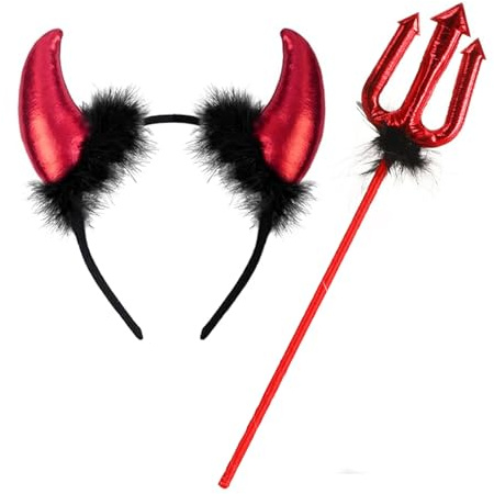 JSRHEEM Set Benda con Corna da Diavolo e Tridente, per Carnevale & Halloween, Accessorio per Capelli & Costumi, Decorazione per Testa, per Adulti & Bambini