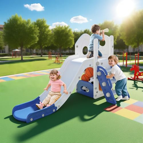 UISEBRT Scivolo per bambini con scaletta da arrampicata, spazio di archiviazione, cestino da basket e telescopio da gioco, scivolo per bambini in HDPE e PP, autoportante, per interni ed esterni, 5 in