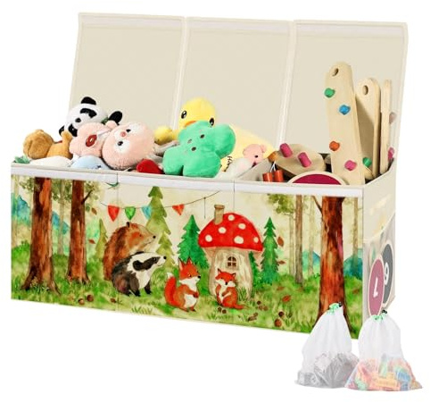 HEYCOOK Scatola di Giocattoli Large con Coperchio Ribalta per Bambini | Scatole Porta Giochi | Portagiochi Bambini Contenitori | Pieghevole con Maniglie (Avorio 3 Scomparti, 130 L)
