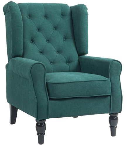 HOMCOM Sessel Ohrensessel mit Armlehnen, Loungesessel mit Kissen, Tufting, hoher Rückenlehne Armlehnensessel mit Holzbeine, Relaxsessel für Wohnzimmer, Schlafzimmer, Dunkelgrün