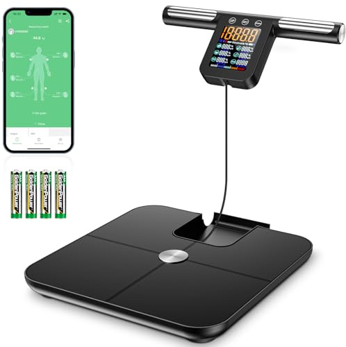 Báscula de Peso Corporal, 8 Electrodos Bascula Bioimpedancia, Con pantalla LCD HD y Mango Retráctil, Bascula de Baño mit APP, 32 Datos de Medición para Medir la Grasa Corporal, el BIM, etc