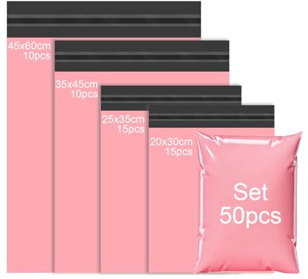 PDKKFF 50 stycken Postpåsar Rosa, 4 storlekar Postpåsar för kläder, Förpackningspåsar i plast, Försändelsepåse med självhäftande stängning, ogenomskinliga, vattentäta