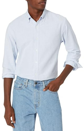 Amazon Essentials Camicia Oxford a Maniche Lunghe dalla vestibilità Standard Uomo, Blu Righe, L