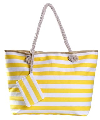 DonDon Borsa da spiaggia grande con cerniera 58 x 38 x 18 cm shopper stile marino con strisce bianche e giallo