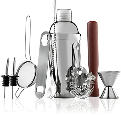 FineDine 10-Piece Cocktail Shaker Set With Travel Bag - Stainless Steel Shaker Set Bartender Kit - Mixology Bartender Kit - Strainer, Muddler, Jigger, Bar Spoon, Bottle Opener, Pour Spouts - Bar Set