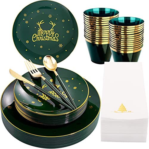 KAHEIGN 175 Pièces Réutilisable Vaisselle de Noël en Plastique Vert Bordée D'or - 25 Assiettes Plates, 25 Assiettes Salade, 25 Couteaux, 25 Fourchettes, 25 Cuillères, 25 Serviettes pour 25 Invités