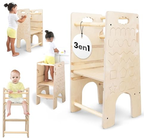 TWR ® Torre de aprendizaje evolutiva + trona bebe+ patrones Montessori (incluye lápiz de madera) 3 en 1- Torre de aprendizaje convertible en trona - 100% madera natural de alta calidad