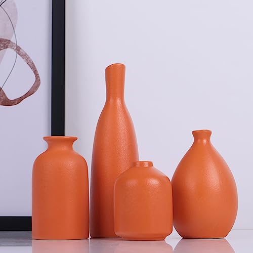 Set di 4 Vasi in Ceramica Arancione - Decorazione per Casale, Camino, Mantello e Mensola - Per Soggiorno, Ingresso, Bagno, Cucina e Ufficio