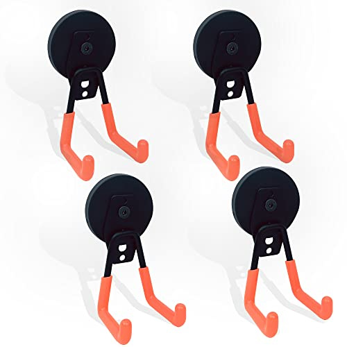TSUYA 4 Pack Heavy Duty Large Garage Magnet Hooks, Strong Storage Utility Magnetic Hooks with Anti-Slip Rubber Coating for Hanging (Orange Hook, 2.6‘’ Diameter Base)