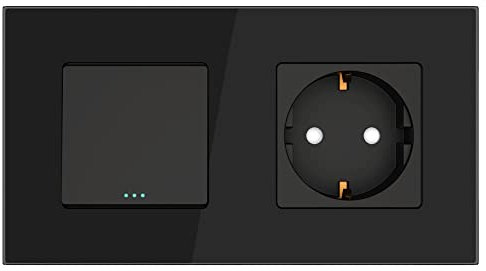 PULSAR Wechselschalter mit Steckdose Schwarz Glas, Kombination 2-Fach mit Glasrahmen, Lichtschalter und Wandsteckdose Unterputz 16A 157 x 86mm