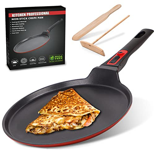 Crepe Pfanne 28cm, Antihaftpfanne Omelette Flache Pfannkuchen Pfanne mit Teigverteiler Holzschaufel und Abnehmbarem Stiel, Induktions Kompatibel Backofenfest, PFOA-Frei Aluguss Beschichtet, Juwelenrot