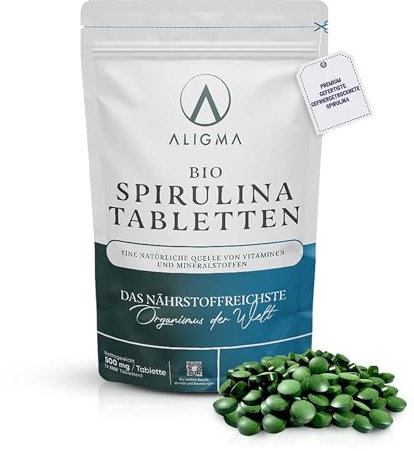 Aligma Bio Spirulina Tabletten 1000×500 mg zur Stärkung des Immunsystems Super Green Tabletten-voller Nährstoffe & Vitamine, glutenfrei, Kalzium, veganes ProteinTabletten, wiederverschließbare Packun
