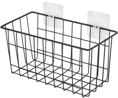 Cliplanyard Black Wire Storage Basket, Wall Mount Bathroom Rack Self Adhesive Metal Basket Mesh Storage Baskets for Home, Office, Kitchen, Bathroom (Black)