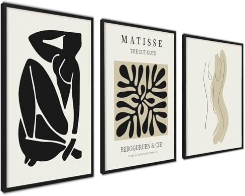 Schwarz Beige Matisse Poster Set | 3 Stück 40x50cm mit Rahmen schwarz | Abstrakte Wandkunst Frauen Kunst Boho