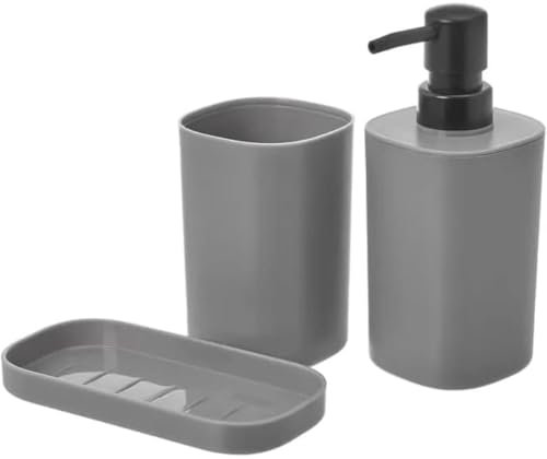 Envenzo Bathroom Set Accessories 3Pcs Soap dispenser Toothbrush Holder Cup Soap dish, Set of 3 Bathroom Accessories, Bathroom Decoration in PP, Modern and Practical Design (Grey)