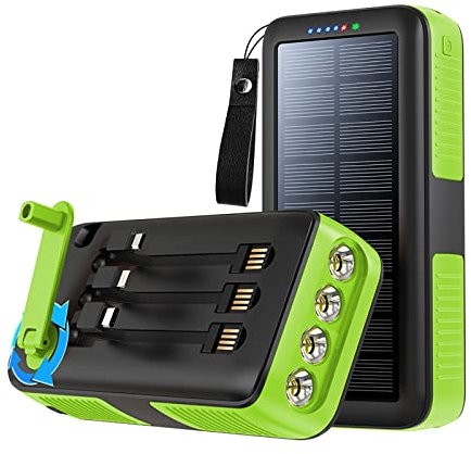 Kompakt solkraftbank inbyggd kabel handvev laddare powerbank vattentät mergency LED ficklampa multifunktionell extern batteripaket 2 st, grön, 30 000 mAh